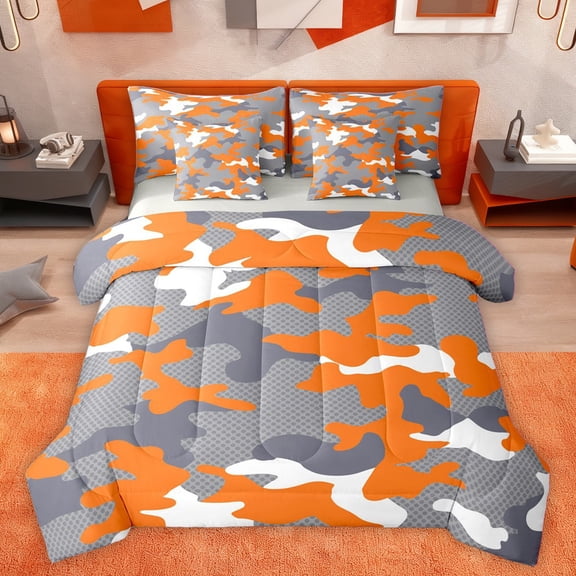 Homewish Abstract Camouflage Bedding Comforter Set 7-Piece for Kids Children Teens,Blue White King Bedding Sets,Grey Orange Ultra Soft Bed Sheets,Luxury Bedroom Decor,Reversible