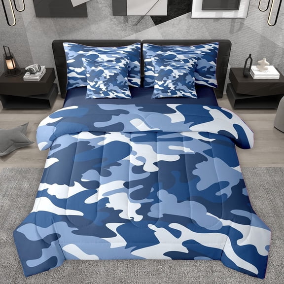 Homewish Abstract Camouflage Bedding Comforter Set 7 Pieces for Kids Children Teens,Blue White Full Bedding Set Lightweight,Geometric Camo Fitted Sheet Flat Sheet,Luxury Bedroom Decor,Reversible