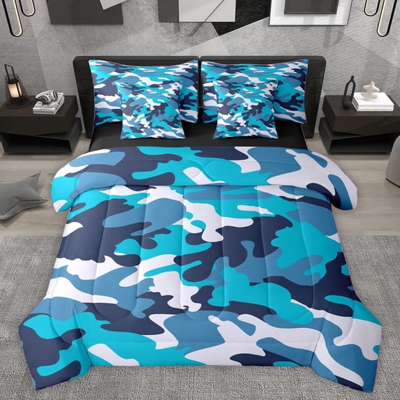 Homewish Abstract Camouflage Twin Bedding Sets 7-Piece for Kids Children Teens,Blue Black Bedding Comforter Set Microfiber,Geometric Camo Breathable Sheet Sets,Luxury Bedroom Decor,Reversible