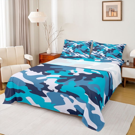 Homewish Abstract Camouflage Twin Sheet Sets 3pcs for Kids Children Teens,Blue Black Twin Fitted Sheet Microfiber,Geometric Camo Breathable Flat Sheet,Luxury Bedroom Decor