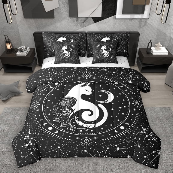 Homewish Abstract Cat 7pcs Bedding Comforter Set,Boho Bohemain Style Queen Bedding Sets,Galaxy Starry Sky Queen Sheet Sets For Girls Boys,Ultra Soft Home Decor