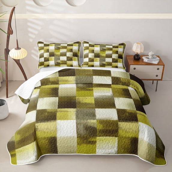 Homewish Abstract Checkered Quilt King,Aesthetic Artwork King Coverlet Set,Yellow,3pcs