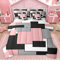 Homewish Abstract Checkered Square 7-Piece Twin Bedding Sets,Pink Black Gray Bedding Comforter Set,Geometric Plaid Grid Sheet Sets For Girls Kids,Microfiber Bedroom Decor