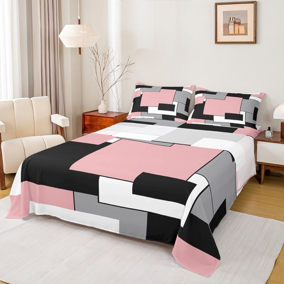 Homewish Abstract Checkered Square Full Size Sheets,Pink Black Gray Bed Sheets,Geometric Plaid Grid Sheet Sets For Girls Kids,Microfiber Bedroom Decor,4-Piece