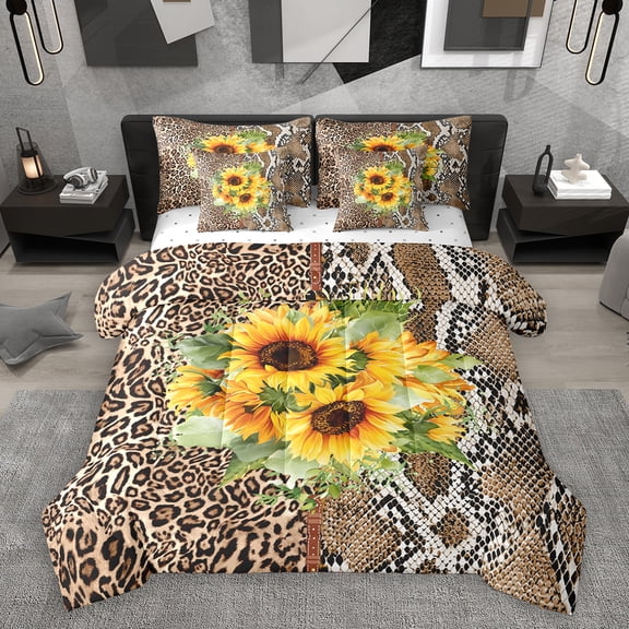 Homewish Abstract Cheetah Pattern 7-Piece Twin Bedding Sets,Snake Print Bedding Comforter Set,Country Floral Sunflower Sheet Sets For Girl,Luxury Bedroom Decor