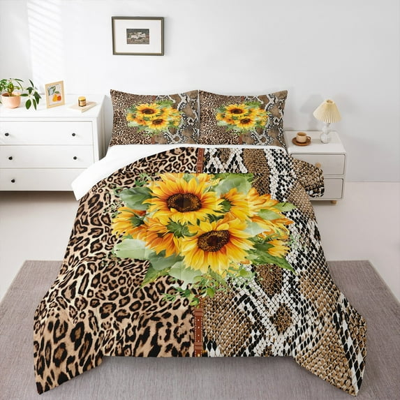 Homewish Abstract Cheetah Pattern Full Size Comforter Sets,Snake Print Bedding Comforter Set,Country Floral Sunflower Bedding Sets For Girl,Luxury Bedroom Decor,3-Piece