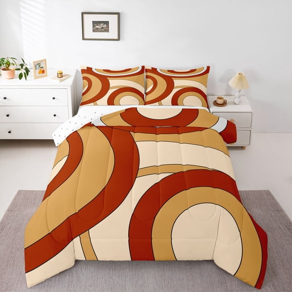 Homewish Abstract Circle Stripes 3 Pieces Queen Comforter Set for Female Men Women,Retro Geometric Lines Ultra Soft Bedding Sets,Minimalist Mid Century Bedding Comforter Set Breathable