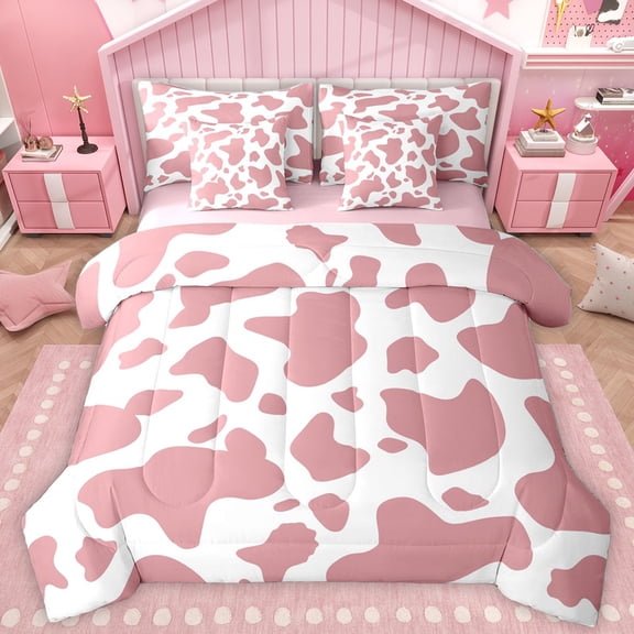 Homewish Abstract Cow Pattern 7-Piece Twin Bedding Sets,Vintage Camouflage Bedding Comforter Set,Pink White Sheet Sets For Girls Teens,Microfiber Bedroom Decor Reversible