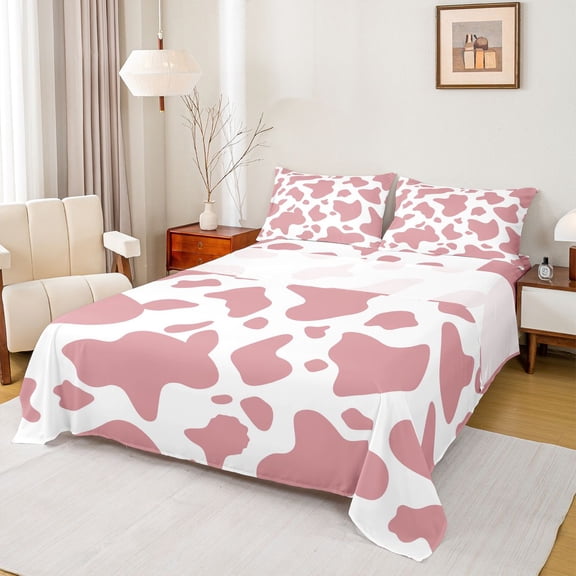 Homewish Abstract Cow Pattern Bed Sheets,Vintage Camouflage King Sheets,Pink White Sheet Set For Girls Teens,4-Piece