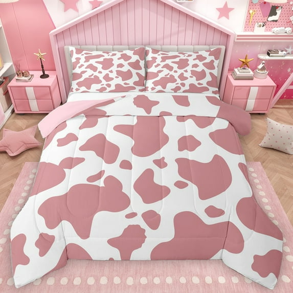Homewish Abstract Cow Pattern Full Size Comforter Sets,Vintage Camouflage Bedding Comforter Set,Pink White Bedding Sets For Girls Teens,Microfiber Bedroom Decor Reversible,3 Pieces