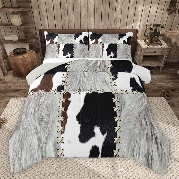 Homewish Abstract Cow Print 3 Pieces Queen Comforter Set for Boys Girls,Geometric Plaid Patchwork Ultra Soft Bedding Sets,Farmhouse Animal Bedding Comforter Set Breathable