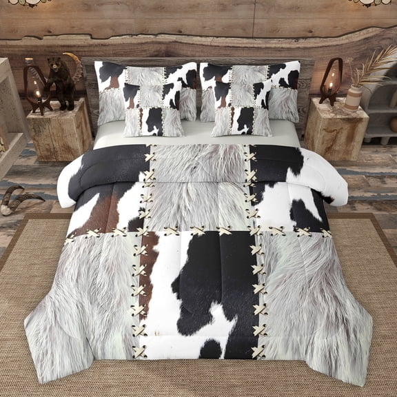Homewish Abstract Cow Print Bedding Comforter Set 7-Piece for Boys Girls,Geometric Plaid Patchwork King Bedding Sets,Farmhouse Animal Ultra Soft Bed Sheets,Microfiber Bedroom Decor,Reversible