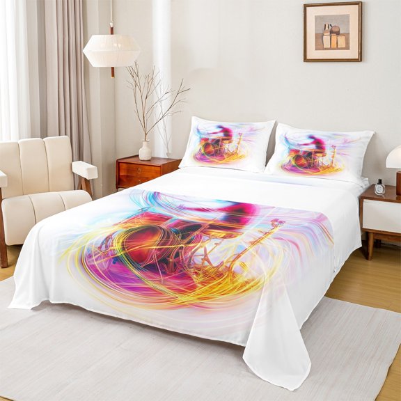 Homewish Abstract Drum Set 3pcs Twin Sheet Sets For Teens Boys Girls,Musical Instrument Twin Fitted Sheet,Music Theme Breathable Flat Sheet,Super Cozy Room Decor