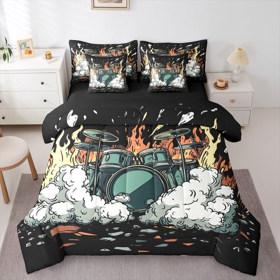 Homewish Abstract Drum Set 7-Piece Bedding Comforter Set For Teens Boys Girls,Musical Instrument King Bedding Sets,Music Theme Ultra Soft Bed Sheets,Super Cozy Room Decor,Reversible