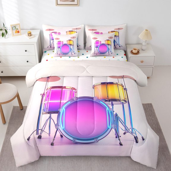 Homewish Abstract Drum Set 7-Piece Twin Bedding Sets For Female Men Adults,Music Theme Bedding Comforter Set,Musical Melody Breathable Sheet Sets,Luxury Bedroom Decor,Reversible