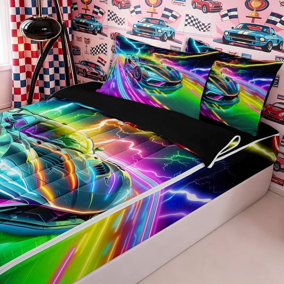 Homewish Abstract Fast Car Zipper Twin Comforter Sets with Fitted Sheet and 2 Pillowcases,Colorful Lightning Neon Lights Zipper Bedding Set for Teens,4-Piece,Black Reversible