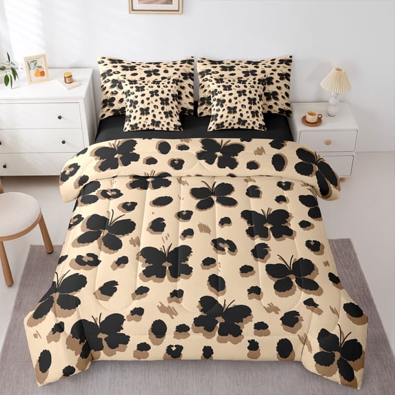 Homewish Abstract Flying Butterflies Bedding Comforter Set 7 Pieces for Female Men Adults,Leopard Print Full Bedding Set Lightweight,Black Brown Fitted Sheet Flat Sheet,Lightweight Room Decor
