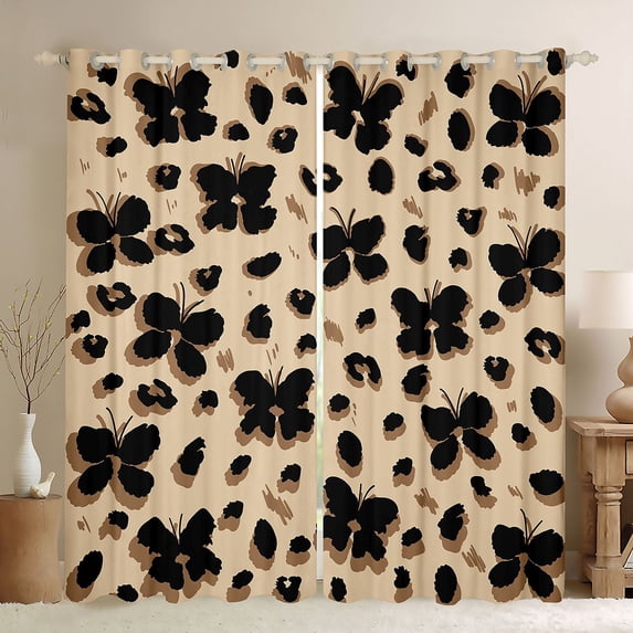 Homewish Abstract Flying Butterflies Black Out Curtains for Female Men Adults,Leopard Print Curtains Pack of 2 (42x63 Each),Black Brown Bedroom Curtains,Lightweight Room Decor