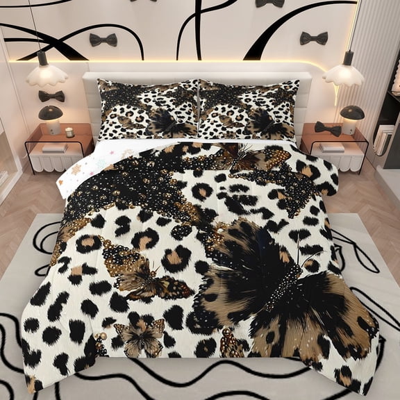 Homewish Abstract Flying Butterfly 2pcs Bedding Comforter Set For Female Men Adults,Leopard Cheetah Print Twin Comforter Sets,Bling Gradient Glitter Breathable Bedding Set