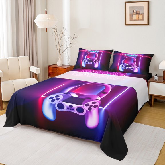 Homewish Abstract Gamepads Full Size Sheets 4-Piece for Teens Boys Girls,Video Game Breathable Bed Sheets,Neon Lights Lightweight Sheet Sets,Luxury Bedroom Decor