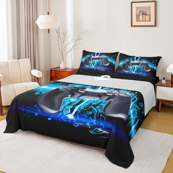 Homewish Abstract Gamer Full Size Sheets 4-Piece for Teens Boys Girls,Video Game Breathable Bed Sheets,Musical Notes Lightweight Sheet Sets,Breathable Home Decor