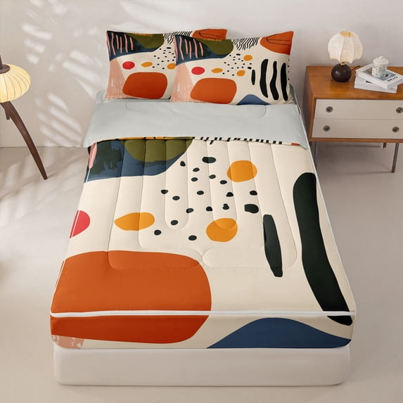 Homewish Abstract Geometric Art Zipper Twin Comforter Sets with Fitted Sheet and 2 Pillowcases,Multicolor Oil Painting Zipper Bedding Set For Adults,Reversible,4 Pieces
