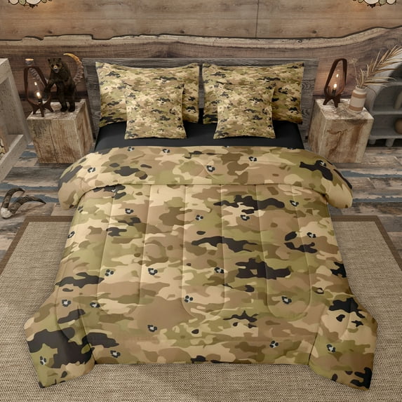 Homewish Abstract Geometric Camo Bedding Comforter Set 7pcs for Teens Adults,Vintage Camouflage Queen Bedding Sets Super Cozy,Black Brown Queen Sheet Sets,Super Cozy Room Decor,Reversible