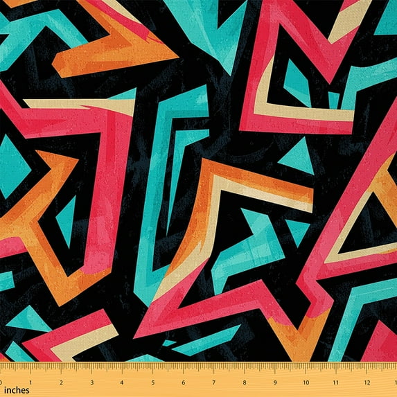 Homewish Abstract Geometric Graffiti Fabric by the Yard 2 Yard,Colorful Striped Lines Room Decor Fabric by the Yard,Cyan Orange Black Fabric for Sewing For Girls Boys,Breathable Home Decor