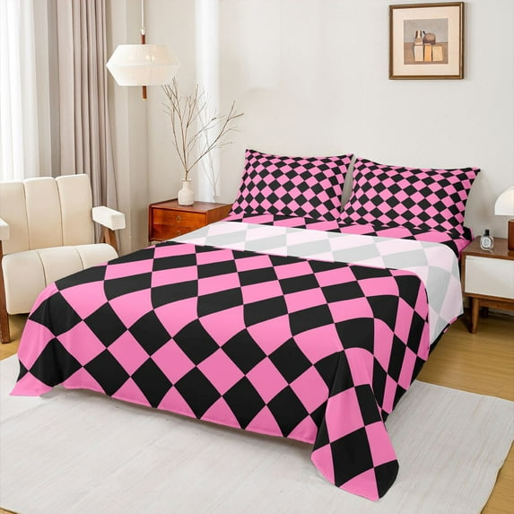 Homewish Abstract Geometric Plaid Bed Sheets,Modern Minimalist Style King Sheets,Pink Black Grid Sheet Set For Girls Kids,Ultra Soft Home Decor,4 Pieces