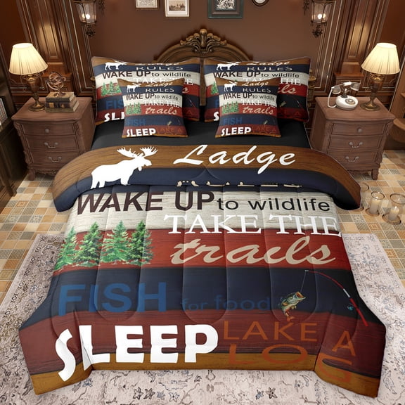 Homewish Abstract Geometric Striped 7-Piece Bedding Comforter Set,Lake House King Bedding Sets,Country Farmhouse Lodge Bed Sheets For Kids,Breathable Home Decor Reversible