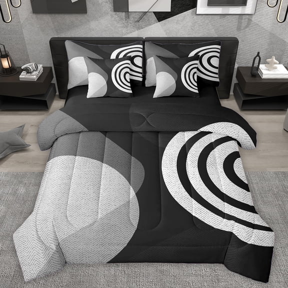 Homewish Abstract Geometric Striped 7-Piece Twin Bedding Sets,Circle Circular Pattern Bedding Comforter Set,Gray Black Sheet Sets For Kids,Super Cozy Room Decor Reversible