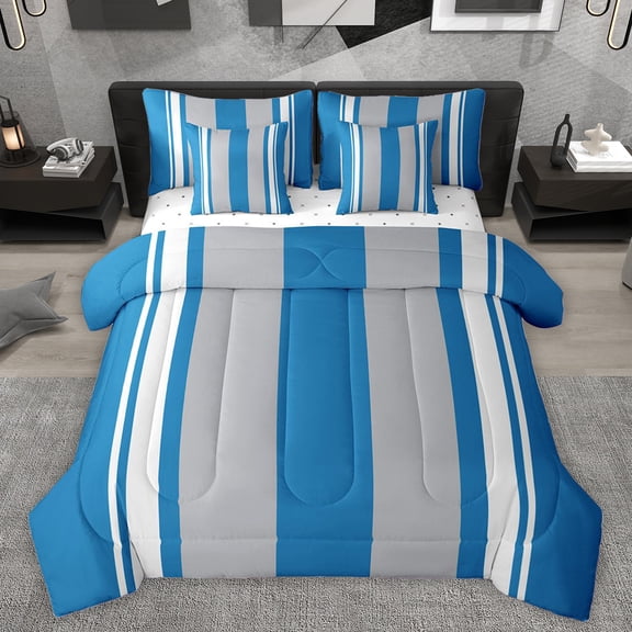 Homewish Abstract Geometric Striped 7 Pieces Bedding Comforter Set,Line Pattern Full Bedding Set,Blue Gray White Fitted Sheet Flat Sheet For Kids,Super Cozy Room Decor Reversible