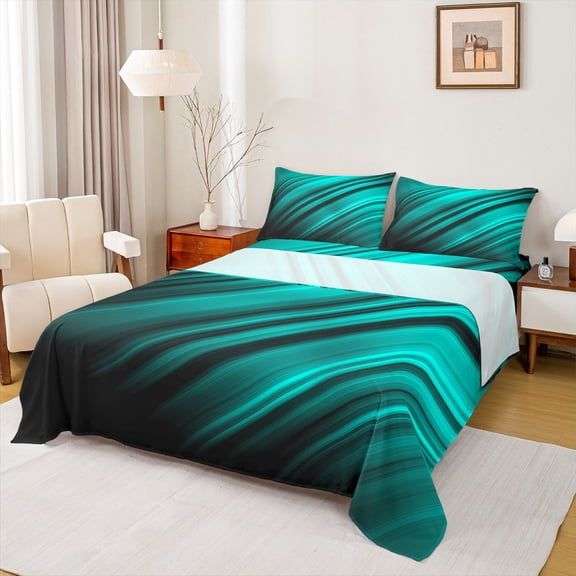 Homewish Abstract Geometric Striped Bed Sheets,Line Pattern King Sheets,Cyan Black Sheet Set For Kids,Super Cozy Room Decor,4 Pieces