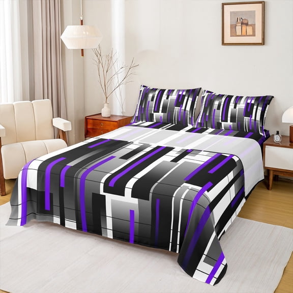 Homewish Abstract Geometric Striped Bed Sheets,Line Pattern King Sheets,Purple Black White Sheet Set For Kids,Super Cozy Room Decor,4 Pieces