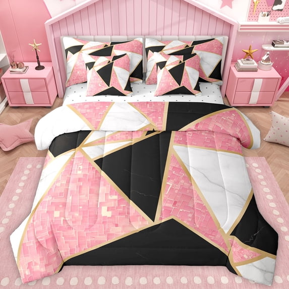 Homewish Abstract Geometric Triangle 7-Piece Twin Bedding Sets,Patchwork Checkered Bedding Comforter Set,Pink White Black Sheet Sets For Kids,Luxury Bedroom Decor Reversible