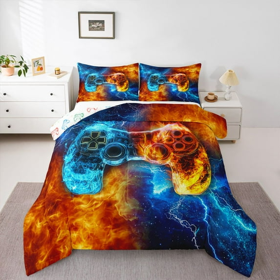 Homewish Abstract Gradient Gamepads 2pcs Bedding Comforter Set for Boys Girls,Video Game Twin Comforter Sets,Blue Orange Breathable Bedding Set,Luxury Bedroom Decor,Reversible