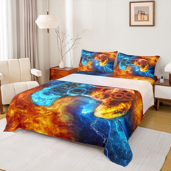 Homewish Abstract Gradient Gamepads 4 Pieces Queen Sheet Sets for Boys Girls,Video Game Ultra Soft Flat Sheet,Blue Orange Queen Fitted Sheet,Luxury Bedroom Decor