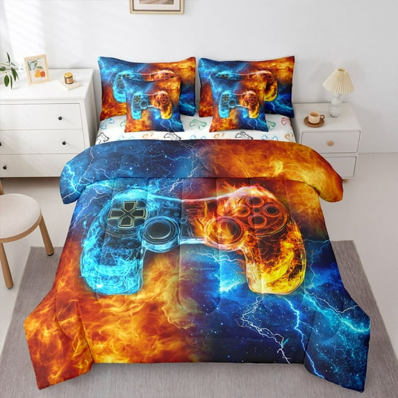 Homewish Abstract Gradient Gamepads 7-Piece Bedding Comforter Set for Boys Girls,Video Game King Bedding Sets,Blue Orange Ultra Soft Bed Sheets,Luxury Bedroom Decor,Reversible