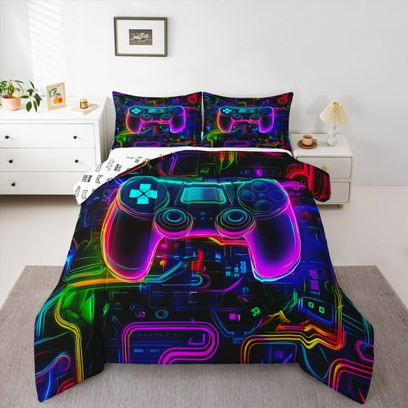 Homewish Abstract Gradient Gamer 2pcs Bedding Comforter Set For Kids Teens Adults,Video Game Twin Comforter Sets,Neon Lights Breathable Bedding Set,Super Cozy Room Decor,Reversible
