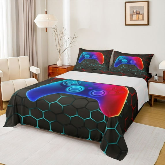 Homewish Abstract Gradient Gamer 4 Pieces Queen Sheet Sets for Teens Boys Girls,Video Game Ultra Soft Flat Sheet,Geometric Honeycomb Hexagon Queen Fitted Sheet,Breathable Home Decor