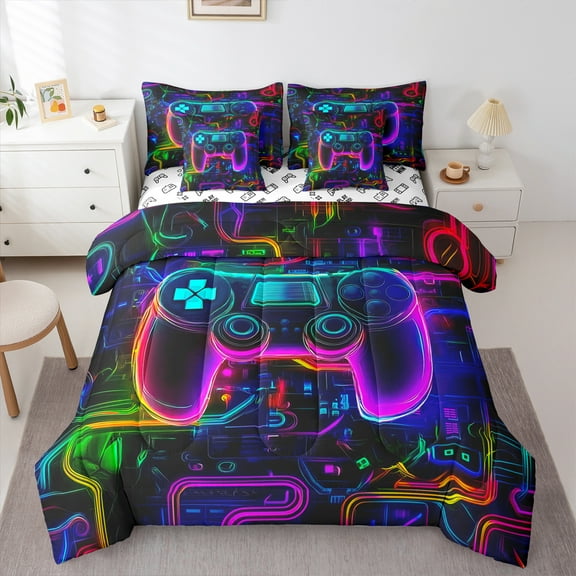 Homewish Abstract Gradient Gamer 7 Pieces Bedding Comforter Set For Kids Teens Adults,Video Game Full Bedding Set Lightweight,Neon Lights Fitted Sheet Flat Sheet,Super Cozy Room Decor,Reversible