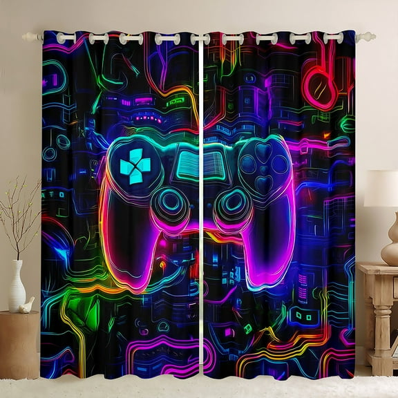 Homewish Abstract Gradient Gamer Black Out Curtains For Kids Teens Adults,Video Game Curtains Pack of 2 (42x63 Each),Neon Lights Bedroom Curtains,Super Cozy Room Decor