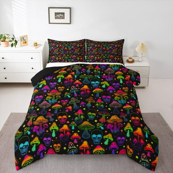 Homewish Abstract Gradient Skull 3 Pieces Queen Comforter Set for Boys Girls,Gothic Style Ultra Soft Bedding Sets,Colorful Botanical Mushroom Bedding Comforter Set Breathable,Super Cozy Room Decor