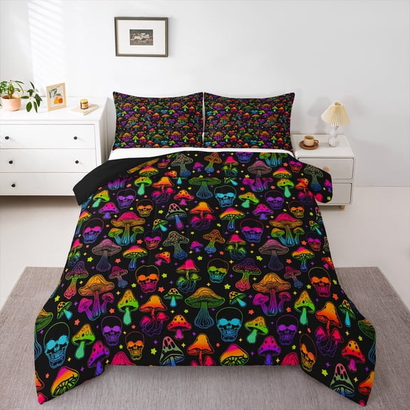 Homewish Abstract Gradient Skull Bedding Comforter Set 2pcs for Boys Girls,Gothic Style Twin Comforter Sets Microfiber,Colorful Botanical Mushroom Breathable Bedding Set,Super Cozy Room Decor