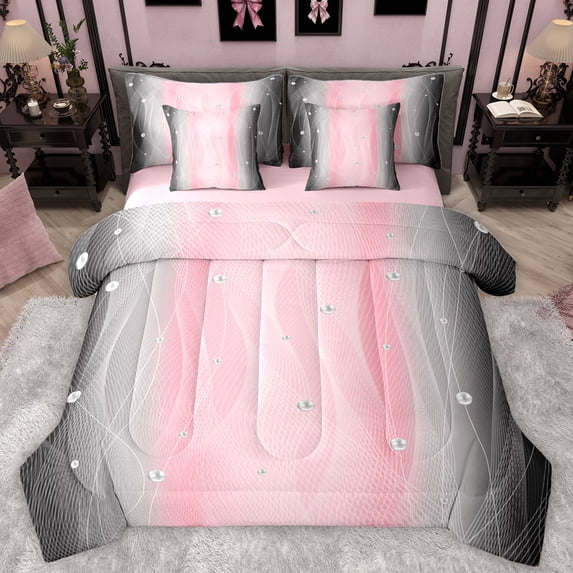 Homewish Abstract Gradient Stripes 7 Pieces Bedding Comforter Set,Lines Geometric Pattern Full Bedding Set,Pink Gray Black Fitted Sheet Flat Sheet For Boys Girls,Breathable Home Decor Reversible
