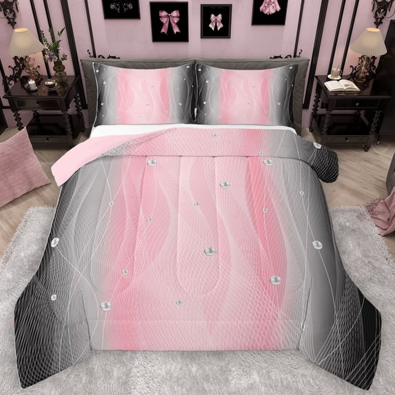 Homewish Abstract Gradient Stripes Full Size Comforter Sets,Lines Geometric Pattern Bedding Comforter Set,Pink Gray Black Bedding Sets For Boys Girls,Breathable Home Decor Reversible,3-Piece