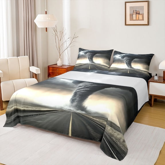 Homewish Abstract Grey Tornado Full Size Sheets 4-Piece for Teens Adults,Nature Theme Breathable Bed Sheets,Natural Disaster Lightweight Sheet Sets,Ultra Soft Home Decor
