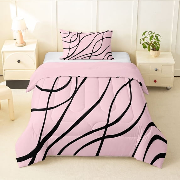 Homewish Abstract Lines Twin Comforter Sets,Minimalism Artwork Bedding Set,Black Pink,Pink Reversible,2 Pieces,1 Comforter and 1 Pillowcase