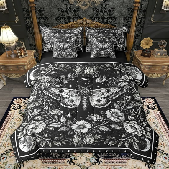 Homewish Abstract Moth Bedding Comforter Set 7 Pieces for Teenagers Female Men Women,Gothic Floral Flowers Full Bedding Set Lightweight,Galaxy Universe Stars Print Fitted Sheet Flat Sheet
