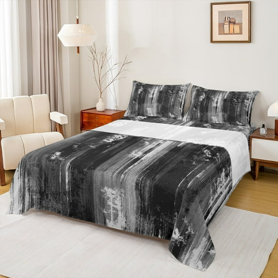 Homewish Abstract Ombre Adult Full Size Sheets, Black Grey Artwork Bed Sheets, Minimalism Mid Century Sheet Sets, Ultra Soft Bedroom Decor, 4-Piece